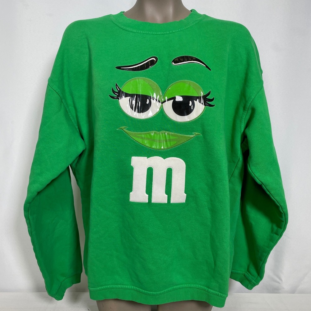 M&M's Chocolate Milk Candies Y2K Green Character Face Sweatshirt Women's MEDIUM